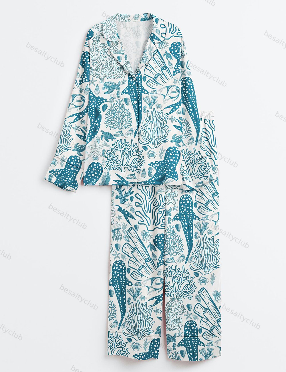 Whale Shark Coral Reef Ocean Coastal Marine Summer Beach Vibes Print Long Sleeve Satin Pajama Set