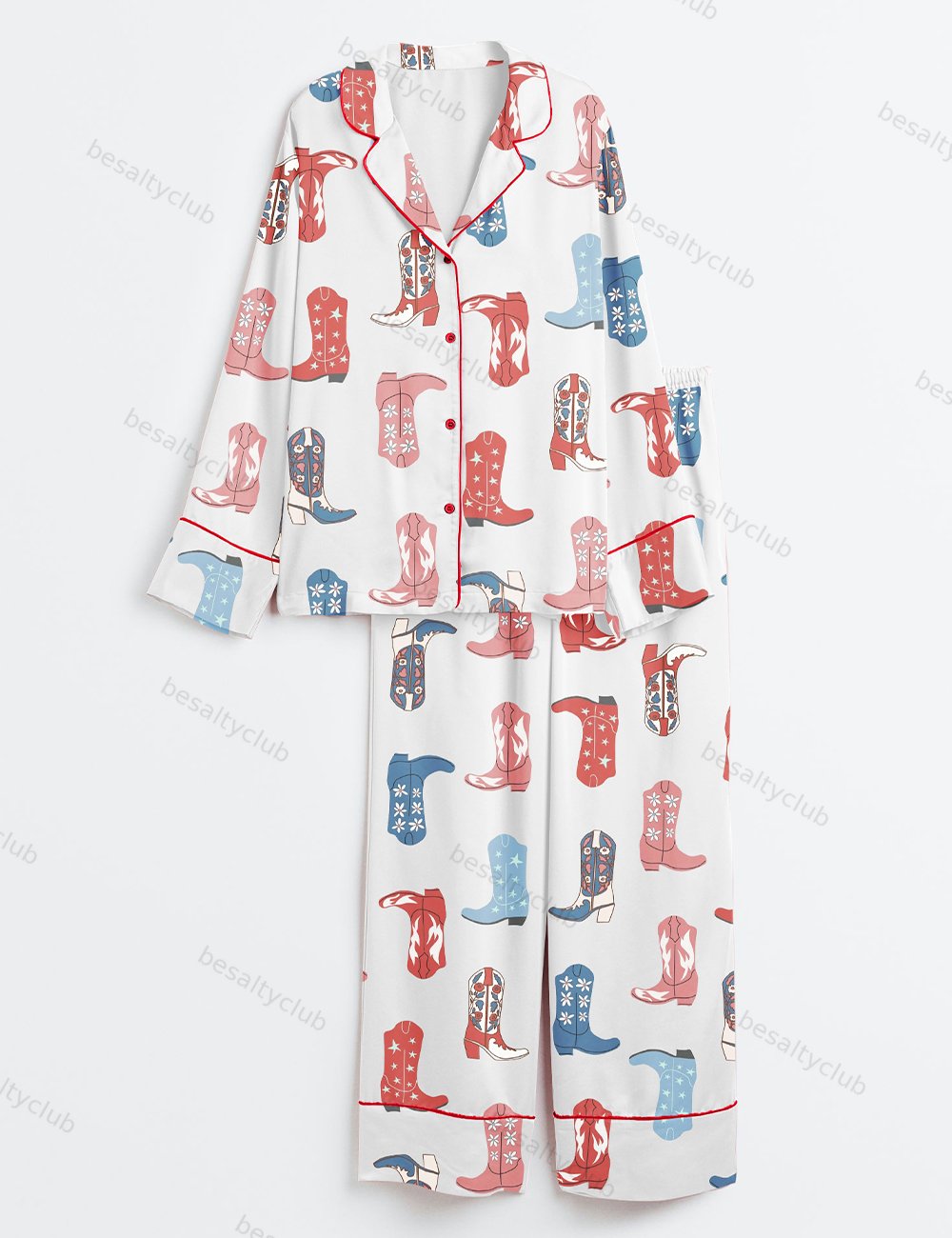 4th Of July Cowgirl Boots Long Sleeve Satin Pajama Set