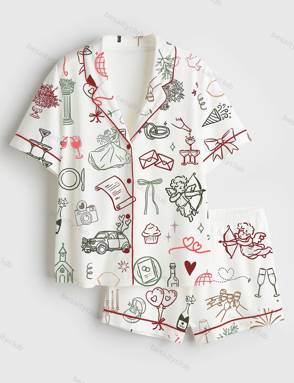 Hand-Drawn Wedding Icons Short Sleeve Satin Pajama Set