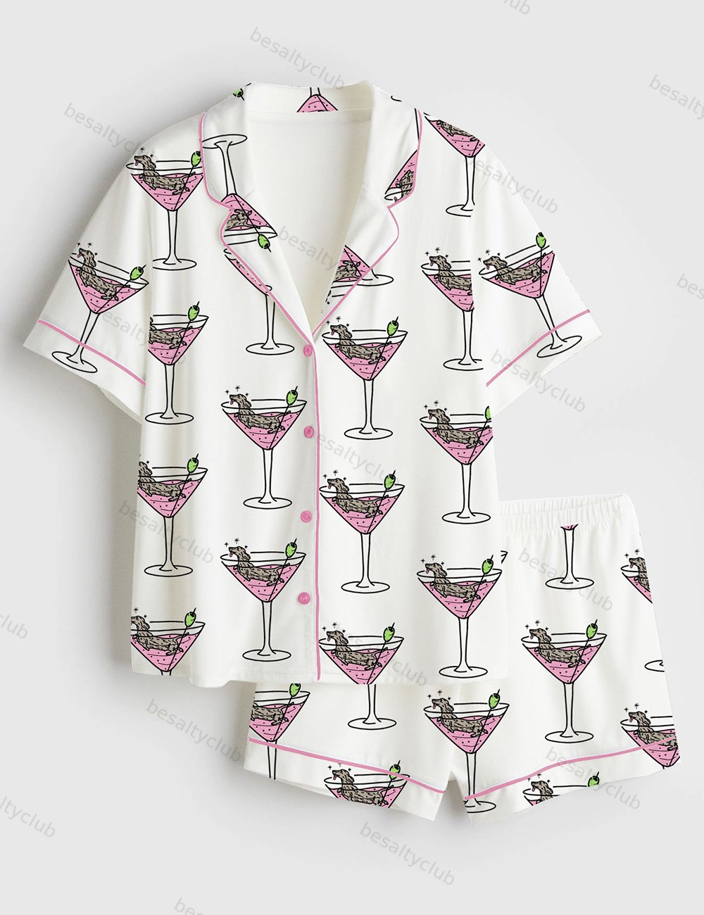 Weenies Martinis Dachshund Short Sleeve Satin Pajama Set