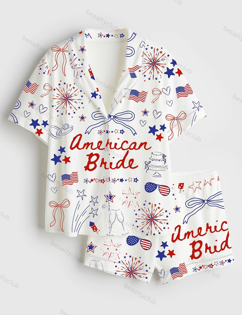 4th Of July Bachelorette Party American Bride Coquette Bow Independence Day Patriotic Bride Short Sleeve Satin Pajama Set