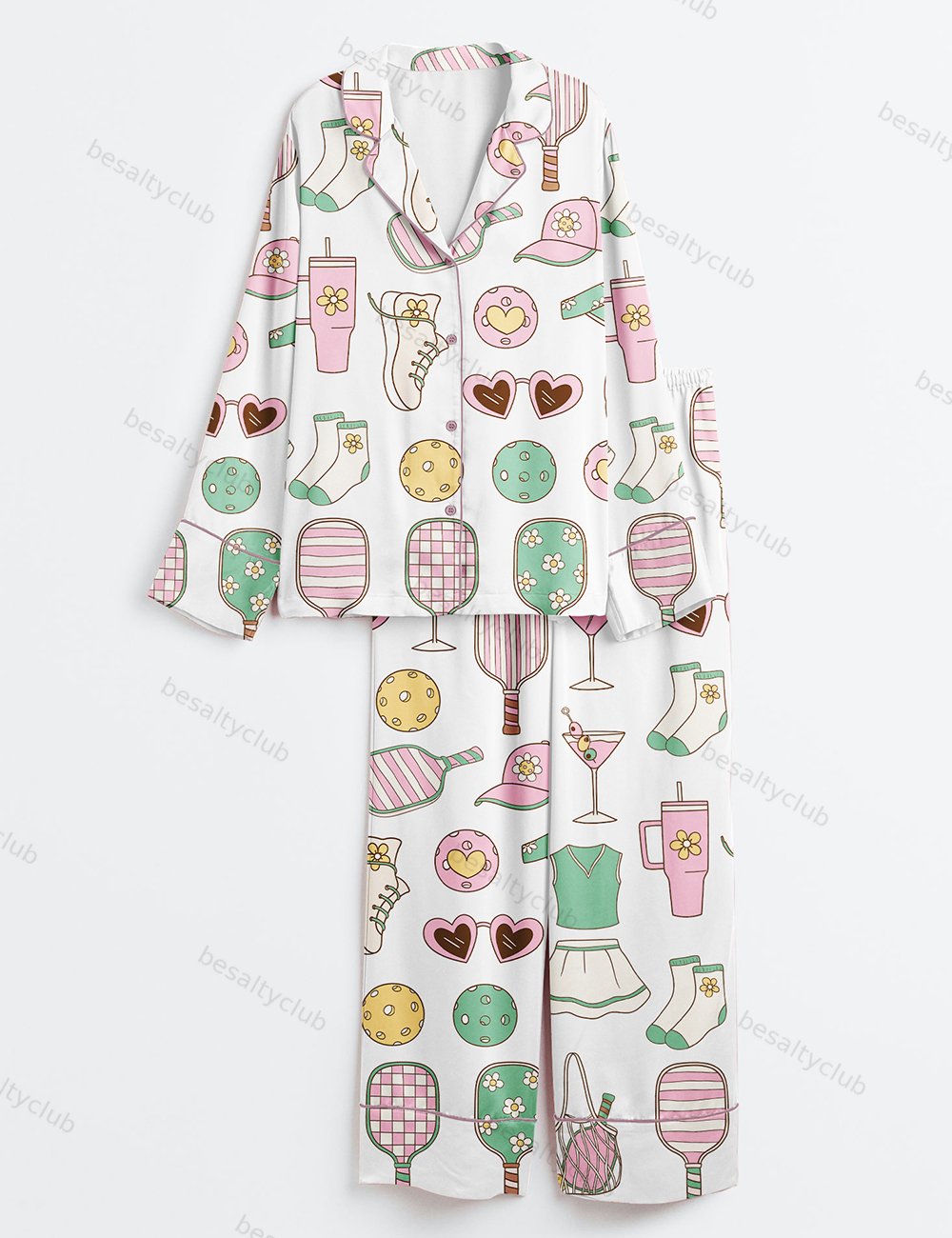 Pickleball Equipment Martini Long Sleeve Satin Pajama Set