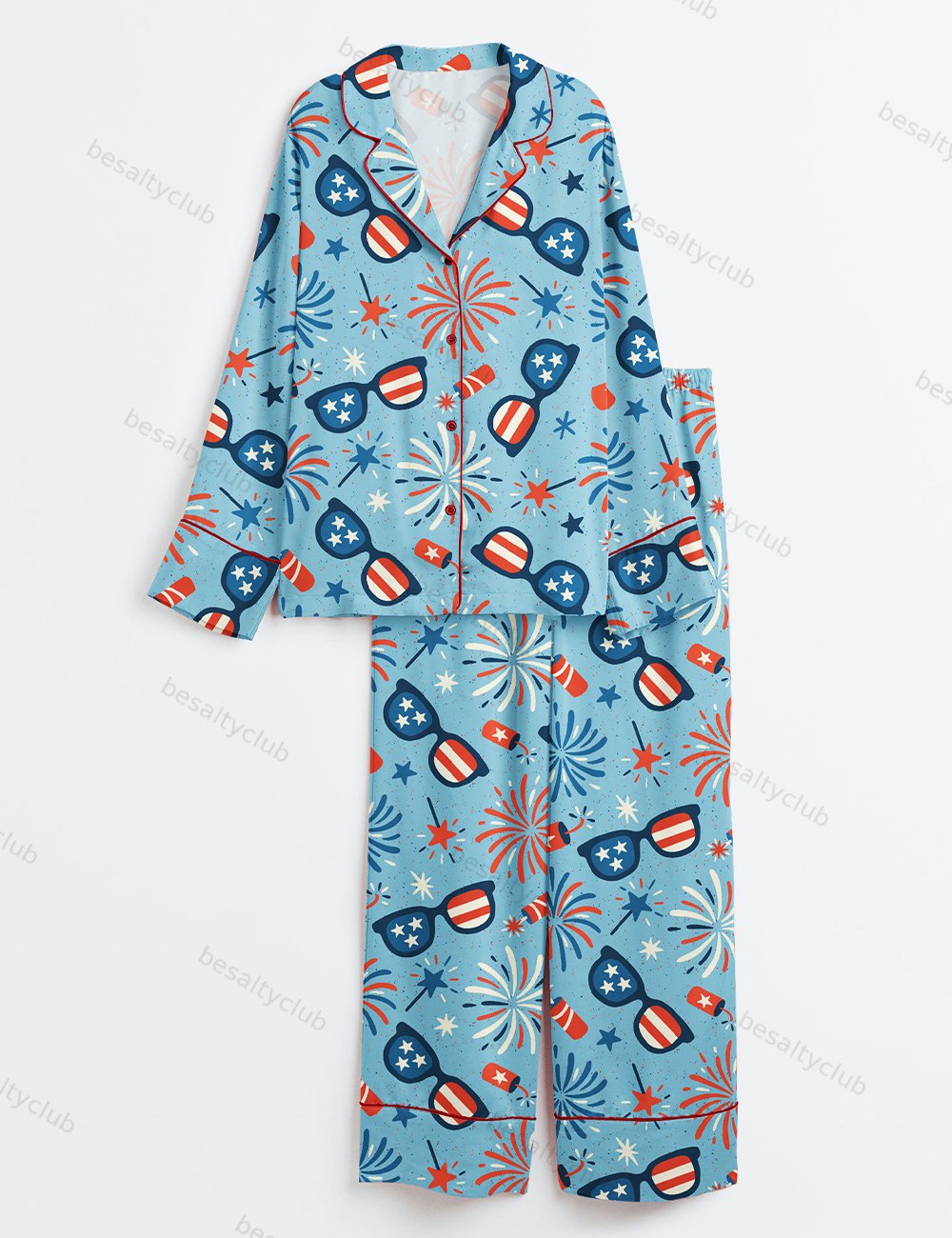 Patriotic Fireworks And Sunglasses 4th Of July Long Sleeve Satin Pajama Set