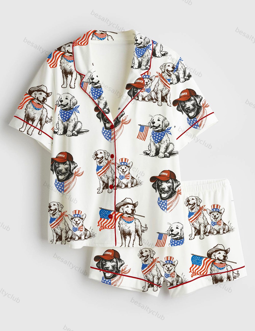American Pride Pooch Western Patriotic Dog 4th Of July Print Short Sleeve Satin Pajama Set