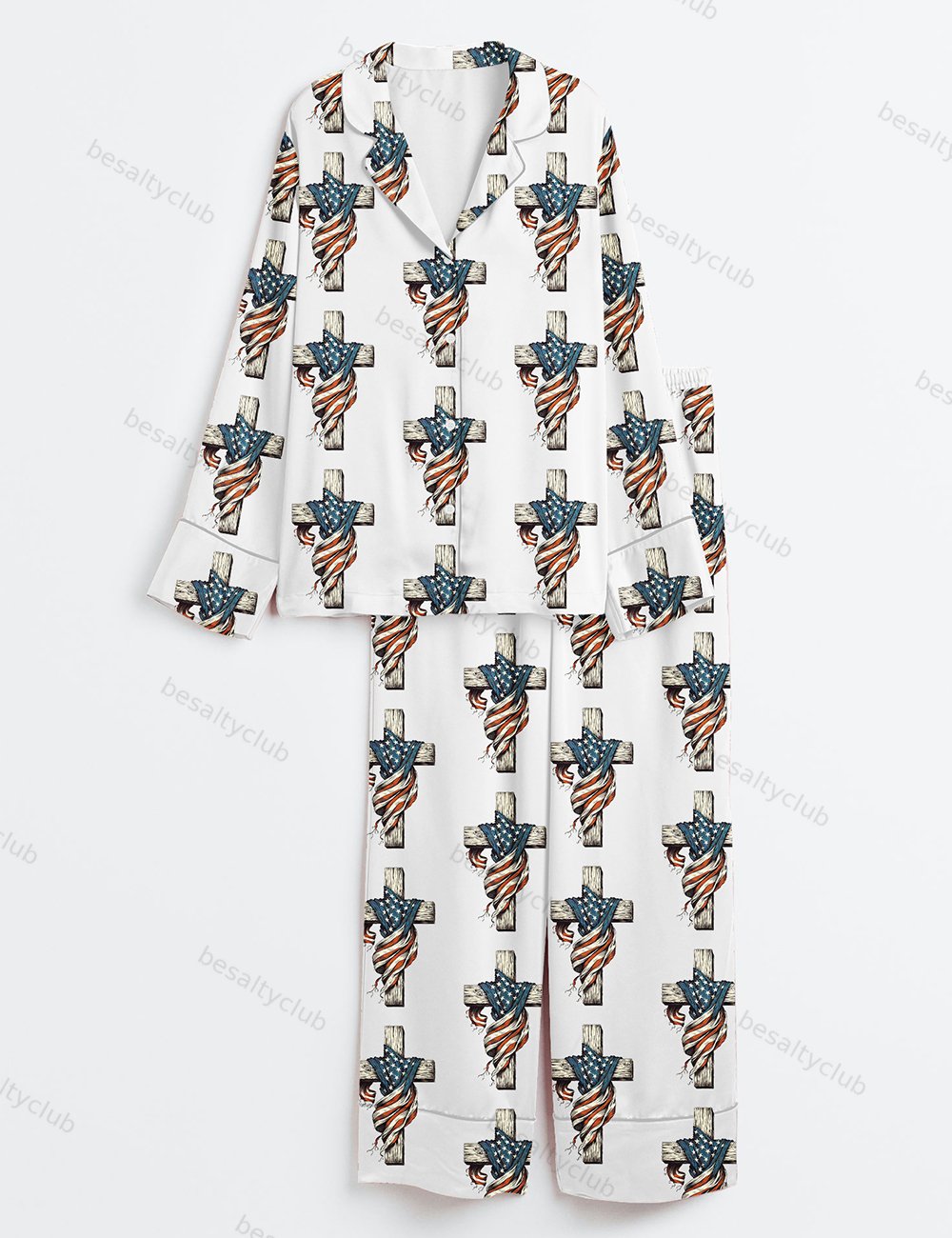 One Nation Under God Patriotic 4th Of July Christian American Flag Cross Long Sleeve Satin Pajama Set