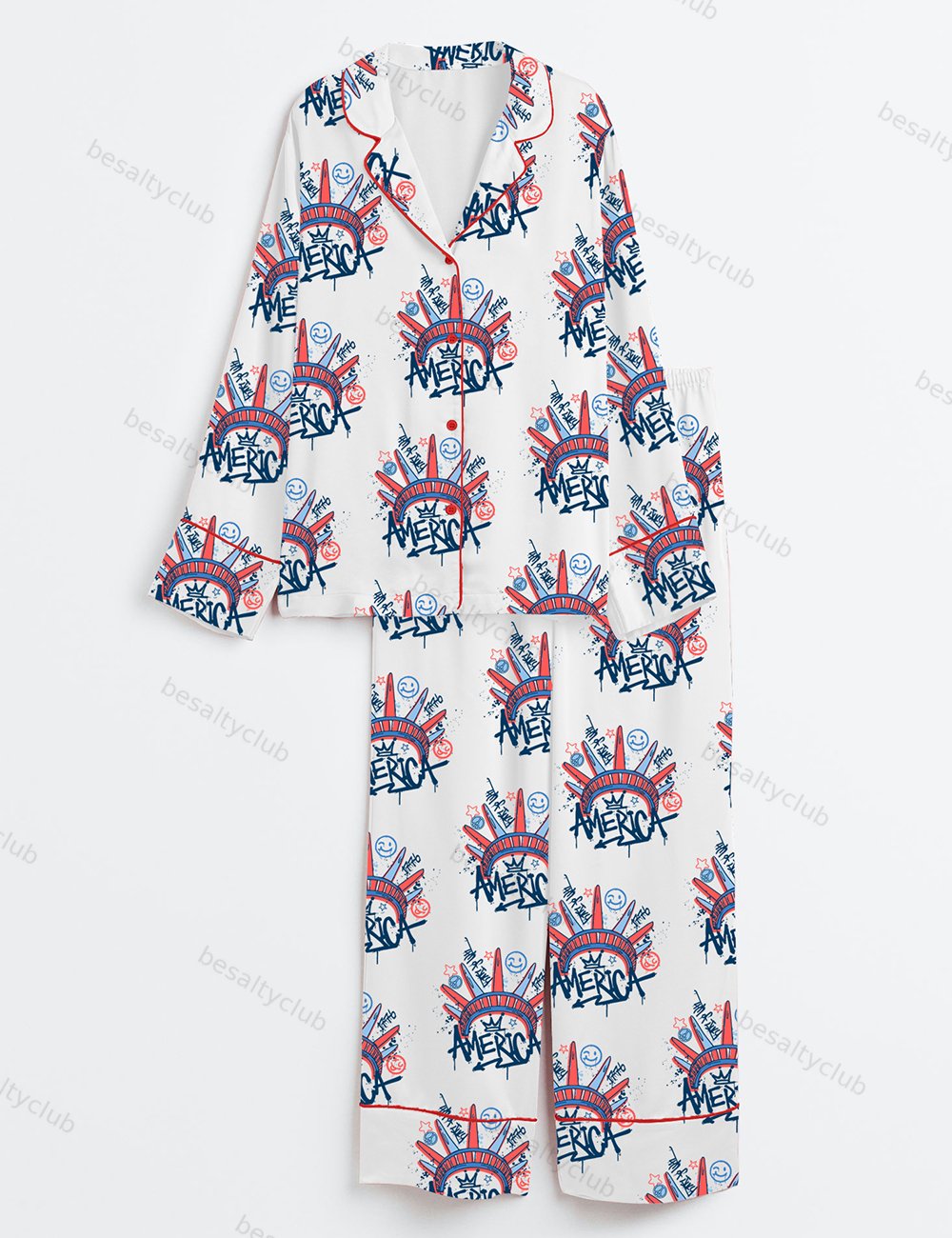 4th Of July Statue Of Liberty Graffiti America Long Sleeve Satin Pajama Set