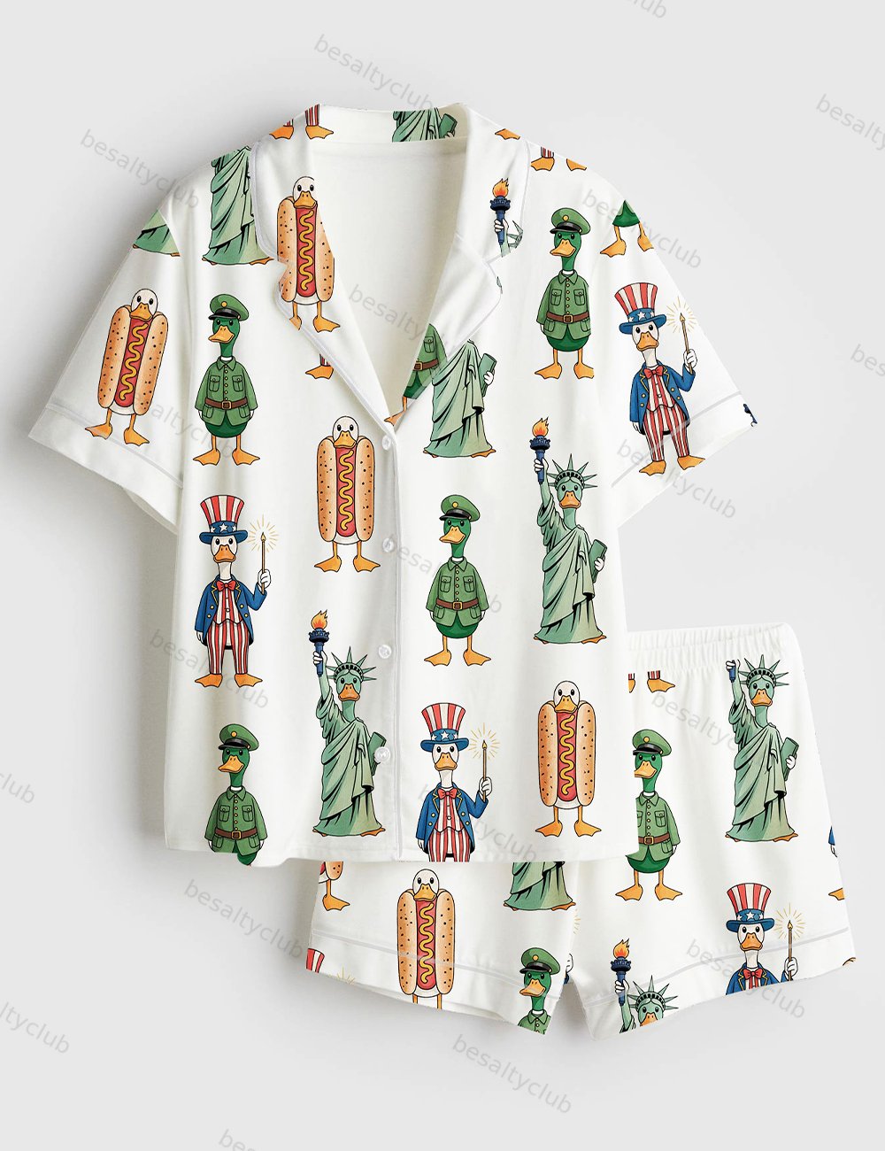 Patriotic Goose 4th Of July Silly Goose USA Goose Independence Day Patriotic Print Short Sleeve Satin Pajama Set