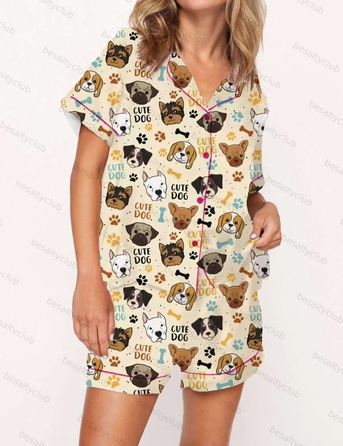 Cute Dog Print Satin Pajama Short Set