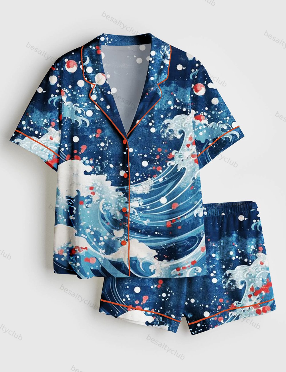 Red Blue White Japanese Sea Short Sleeve Satin Pajama Set