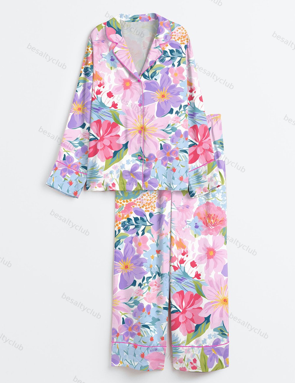 Purple Ditsy Flowers Ditsy Floral Girly Pink And Purple Cute Ditsy Floral Print Long Sleeve Satin Pajama Set