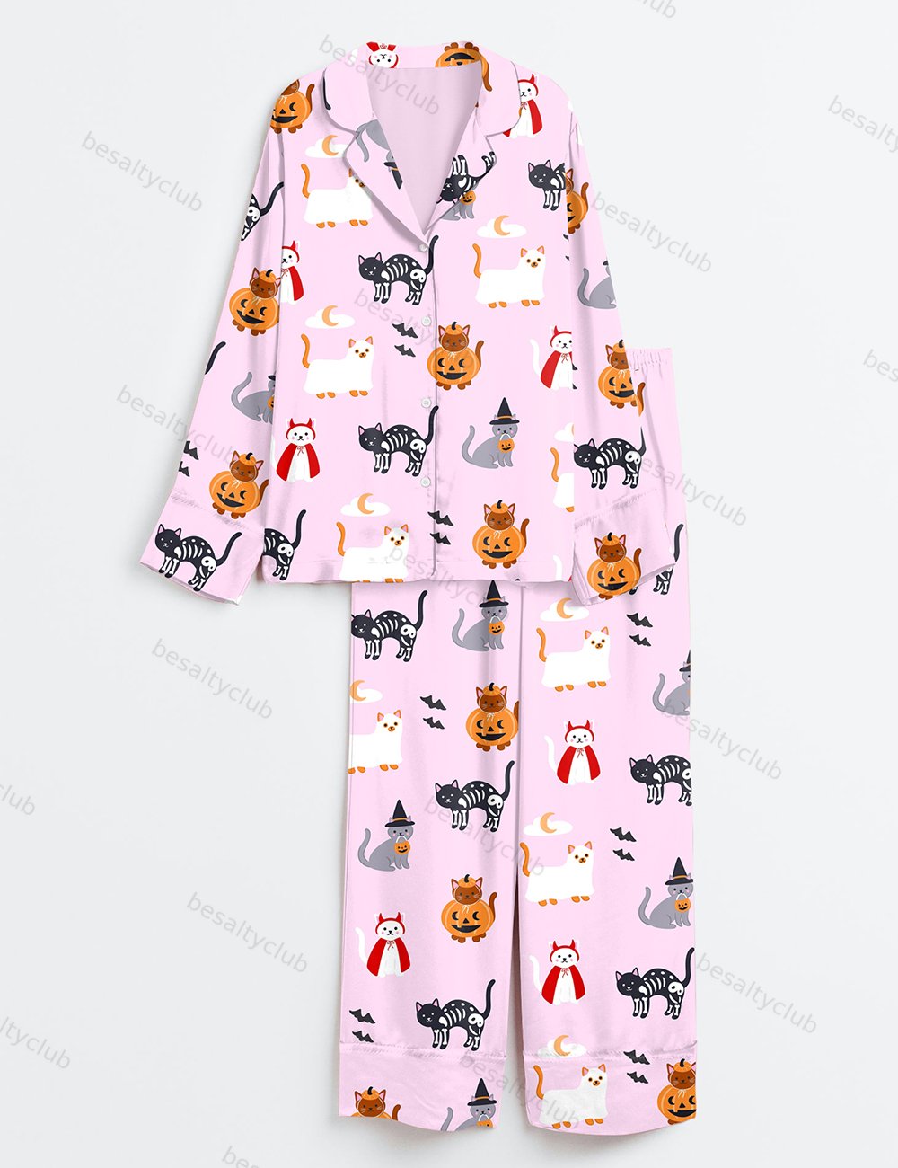 The Lil Ghostie Cat Pumpkin Halloween Long Sleeve Satin Pajama Set