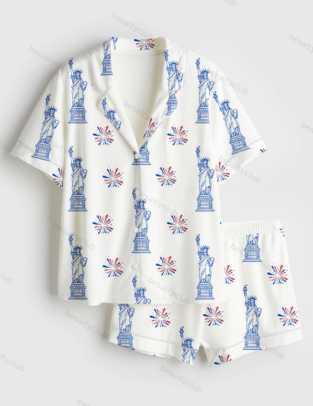 Statue Of Liberty Patriotic Freedom 4th Of July Pledge Of Allegiance Liberty And Justice For All Print Short Sleeve Satin Pajama Set