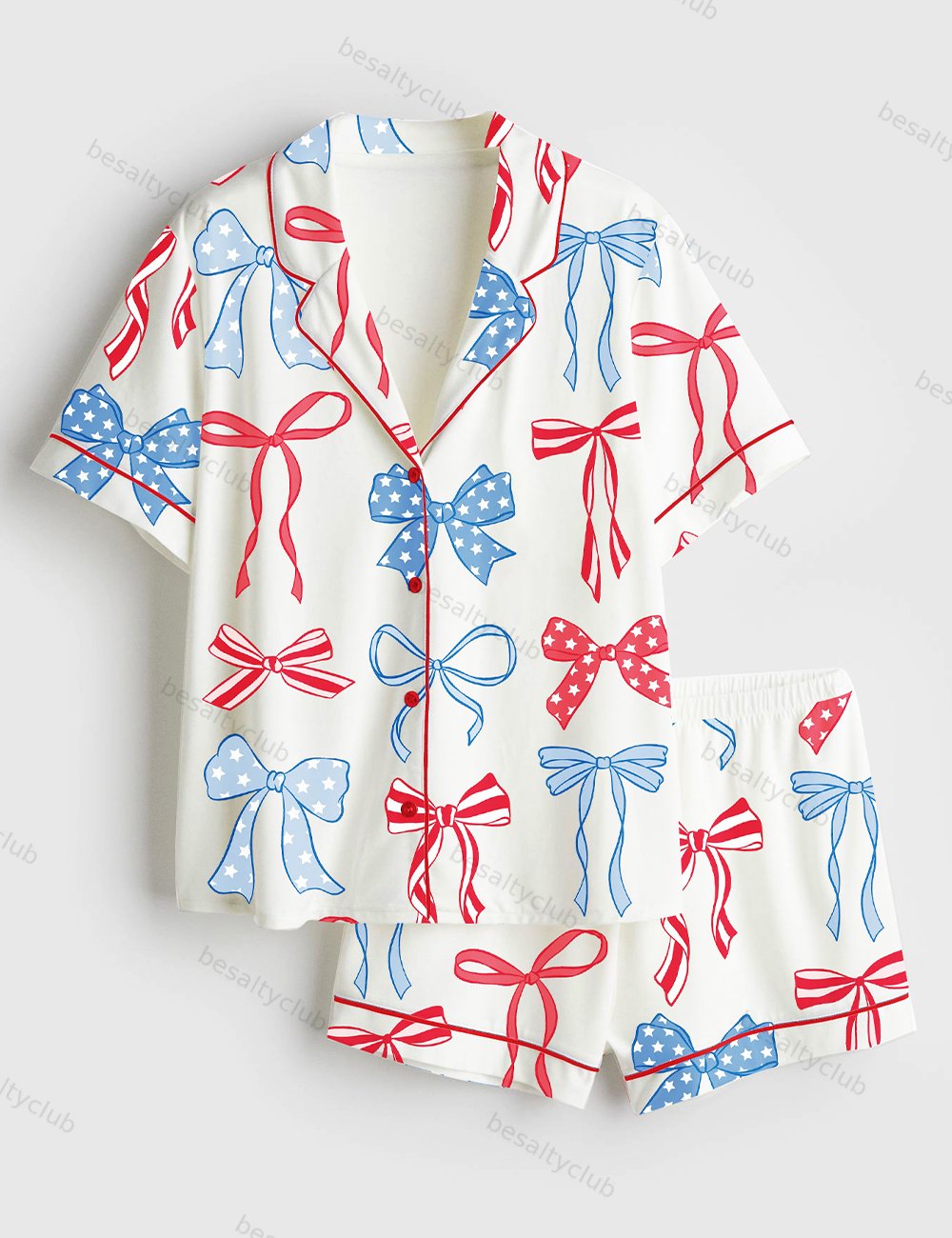 Patriotic American Bows 4th Of July Coquette Bows Print Short Sleeve Satin Pajama Set