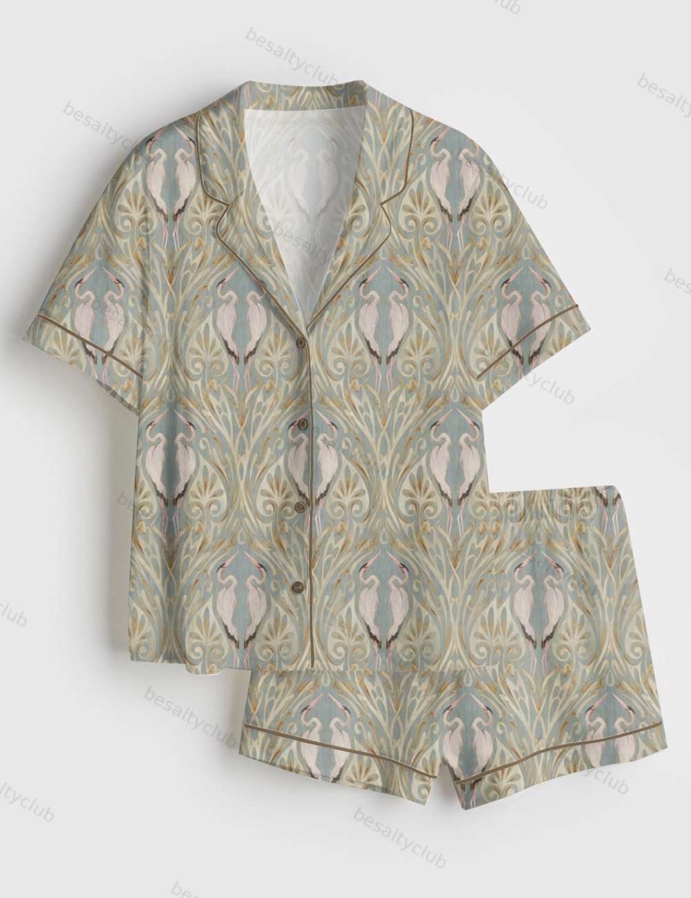 Art Nouveau Cranes With Vintage Texture Print Short Sleeve Satin Pajama Set