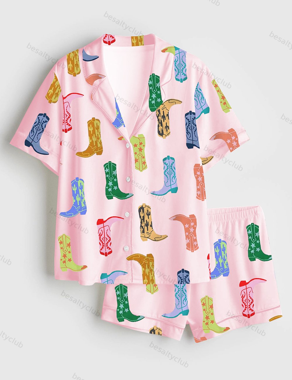 Women's Colorful Cowboy Boot Western Short Sleeve Satin Pajama Set