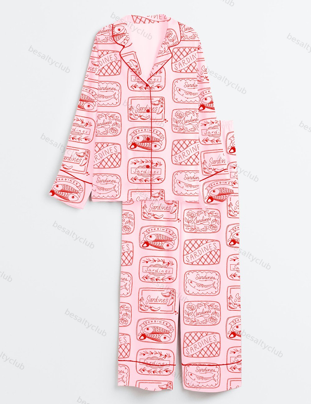 Sardine Art Print Long Sleeve Satin Pajama Set