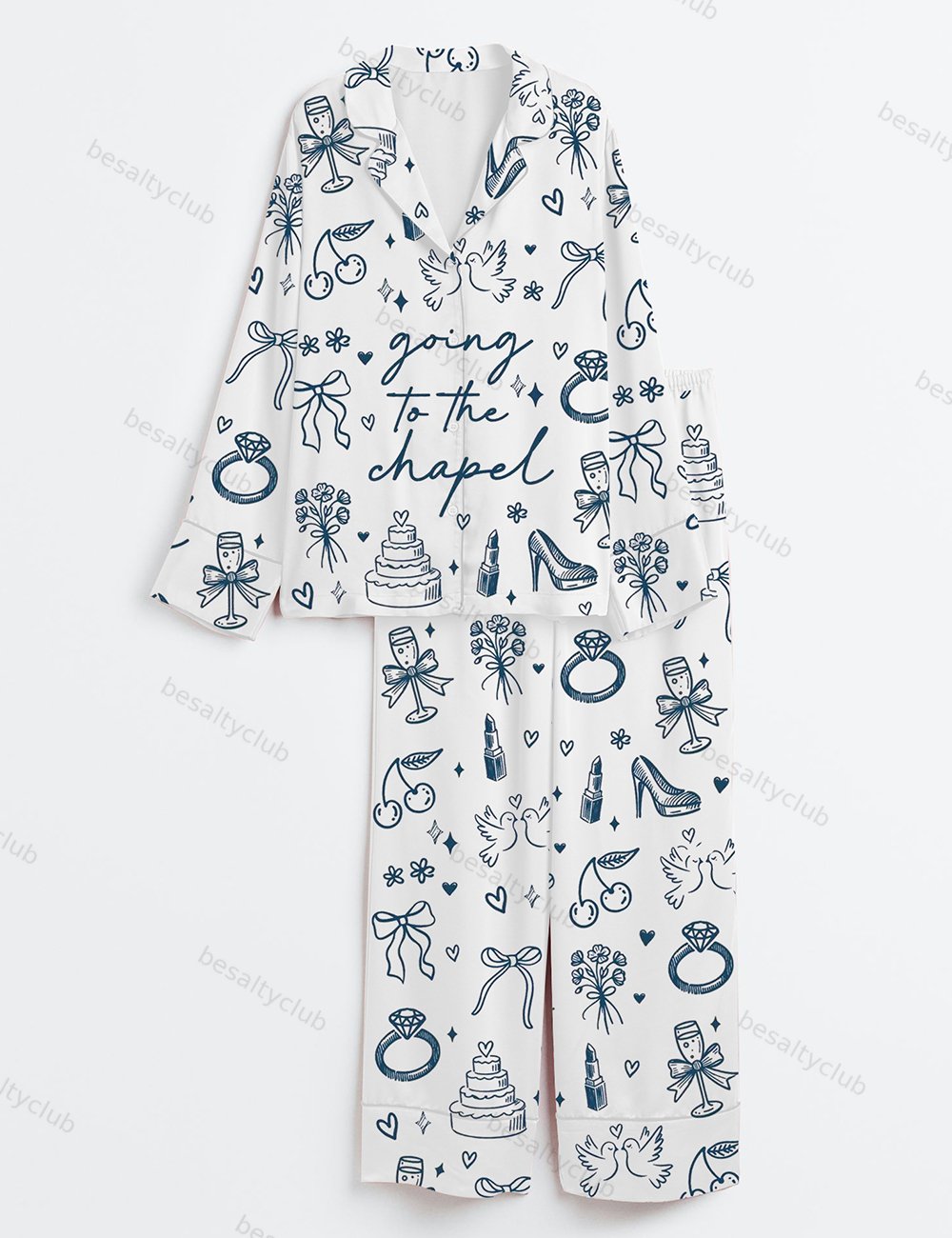 Going To The Chapel Coquette Bachelorette Wedding Bride Long Sleeve Satin Pajama Set