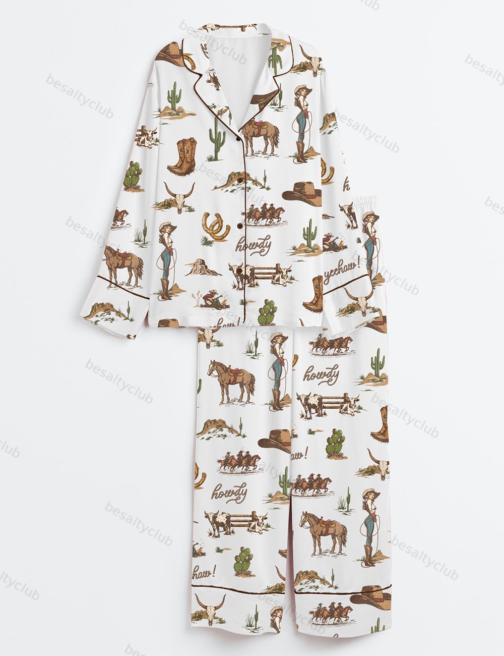 Rustic Americana Western Vintage Cowboy Long Sleeve Satin Pajama Set