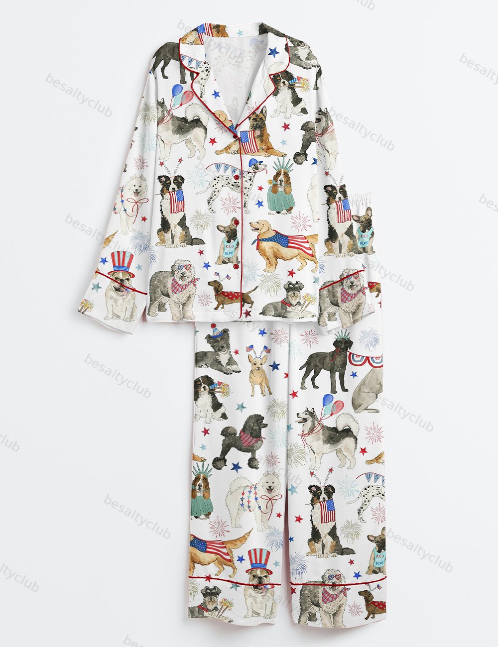 The 4th Of July Independence Day American Dogs USA Flag Long Sleeve Satin Pajama Set