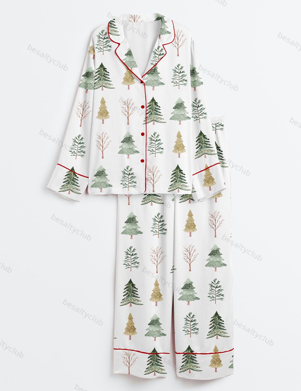 Merry And Bright Trees Christmas Holiday Chic Winter Long Sleeve Satin Pajama Set