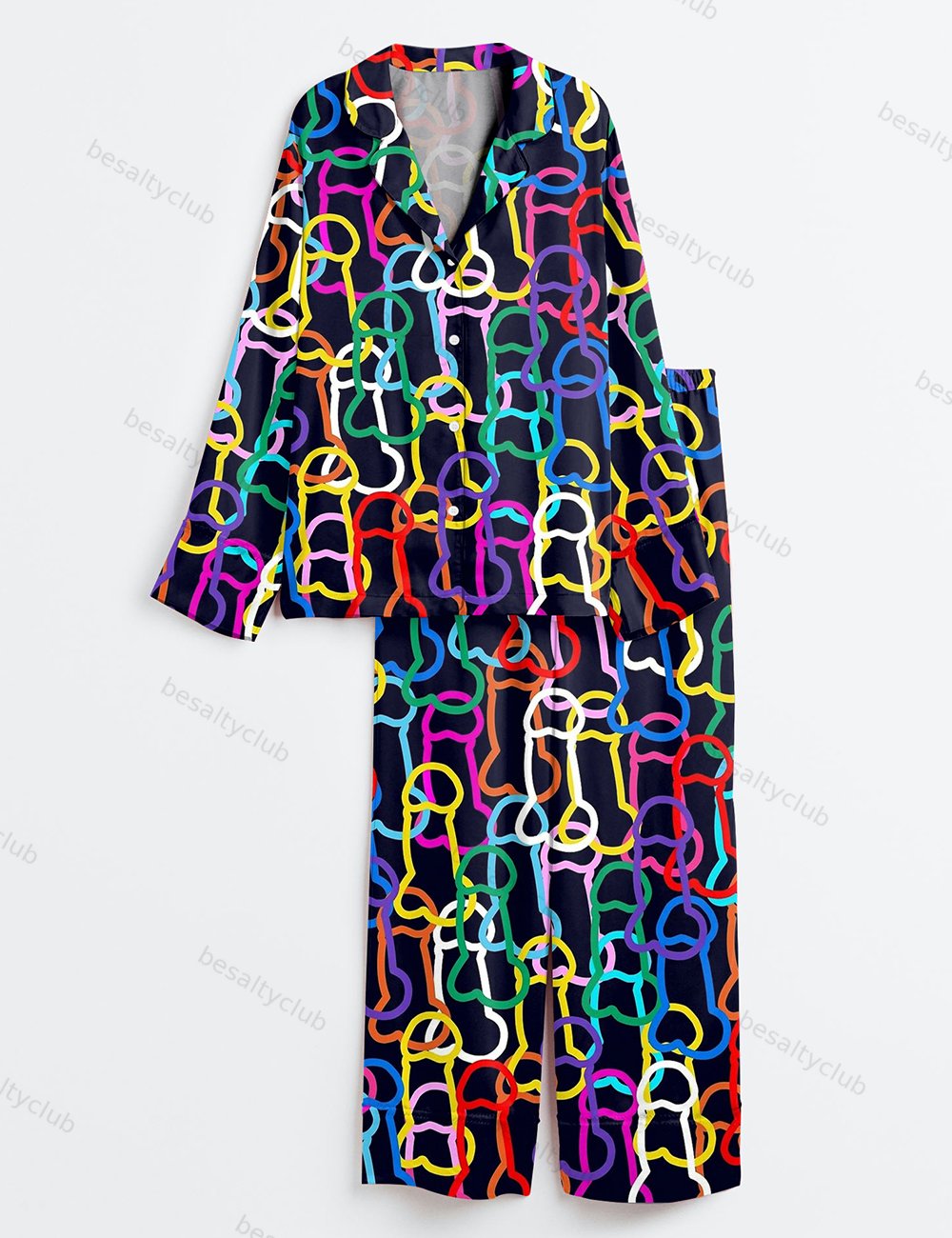 LGBTQ Gay Pride Rainbow Funny Graffiti Penis Line Art Print Long Sleeve Satin Pajama Set