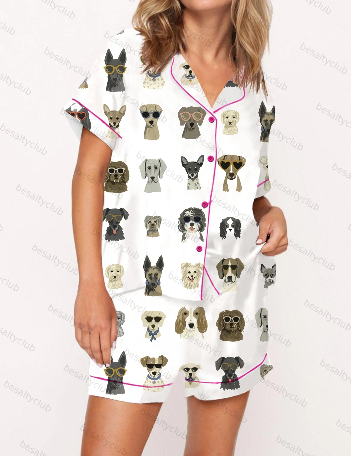 Adorable Dog Pattern Satin Pajama Short Set