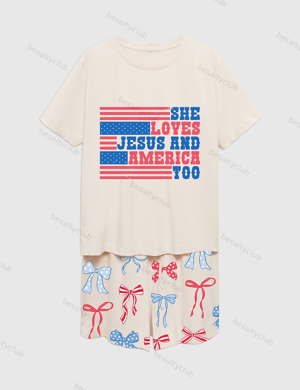 She Loves Jesus And America Too Patriotic American Bows 4th Of July Short Sleeve Pajama Set