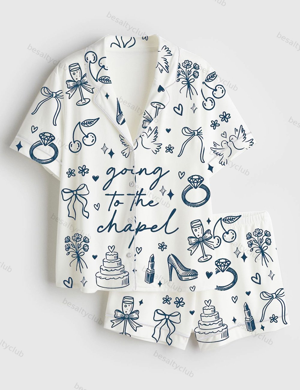 Going To The Chapel Coquette Bachelorette Wedding Bride Short Sleeve Satin Pajama Set