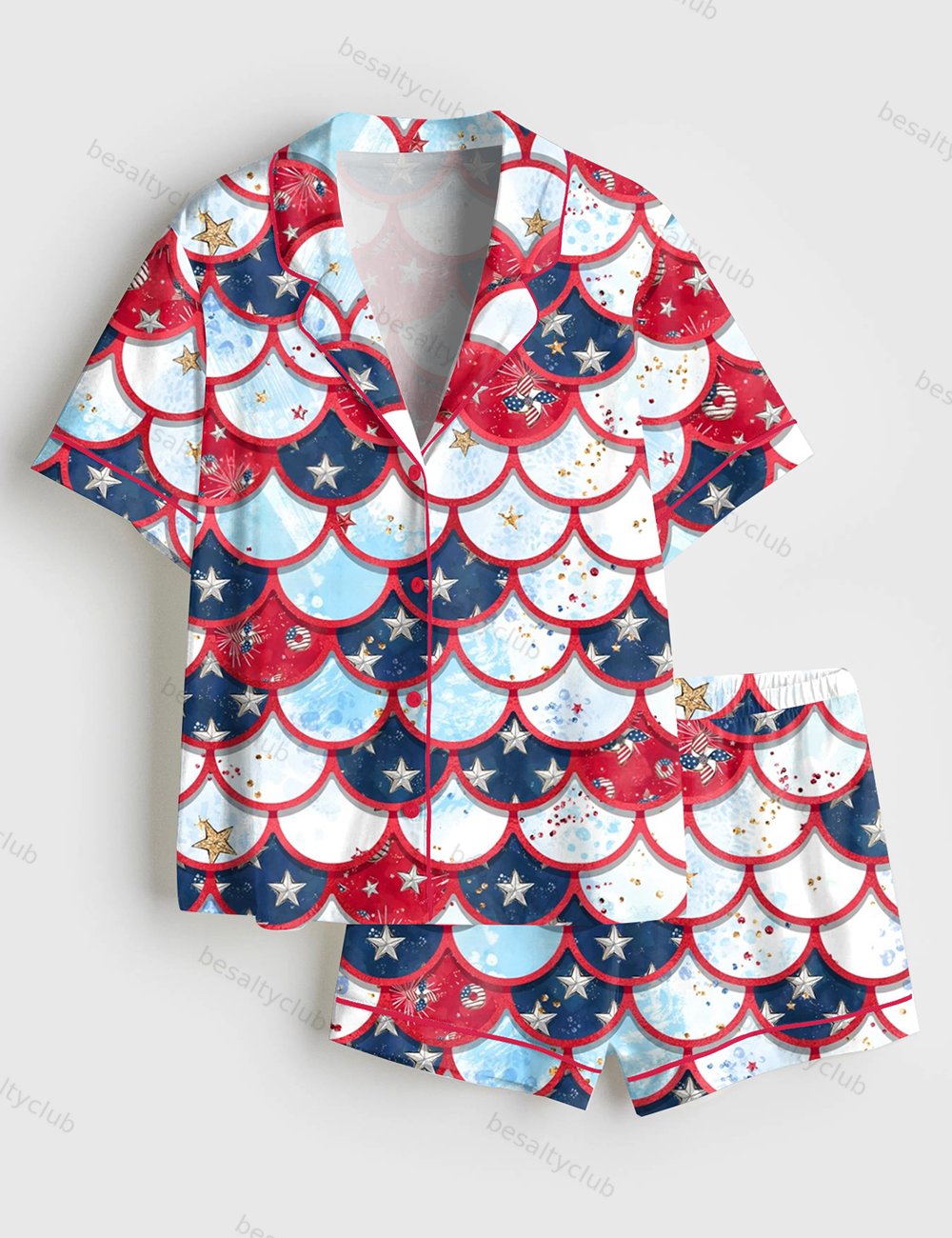 Patriotic Stars Stripes Firework Glitter 4th Of July Short Sleeve Satin Pajama Set