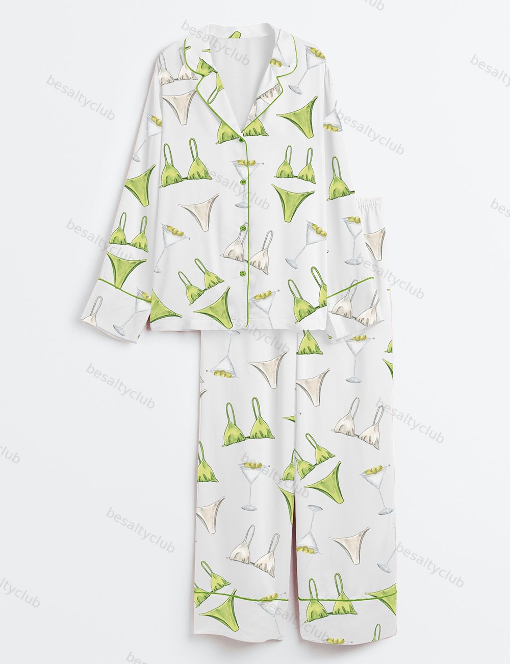 Bikinis And Martinis Bachelorette Dirty Martini Print Long Sleeve Satin Pajama Set