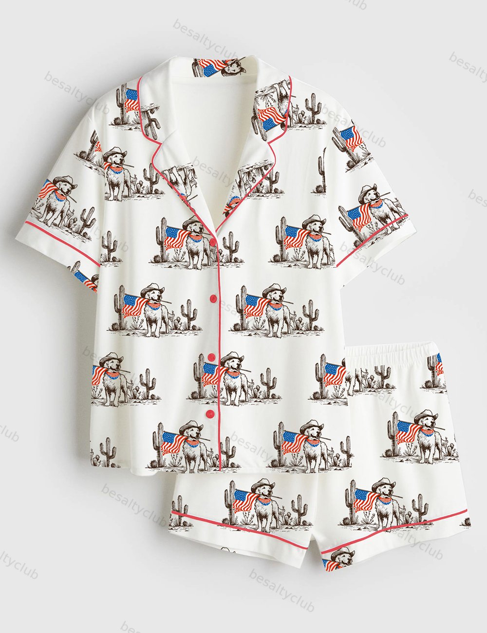 American Pride Pooch Memorial & Independence Day Cowboy Western Short Sleeve Satin Pajama Set