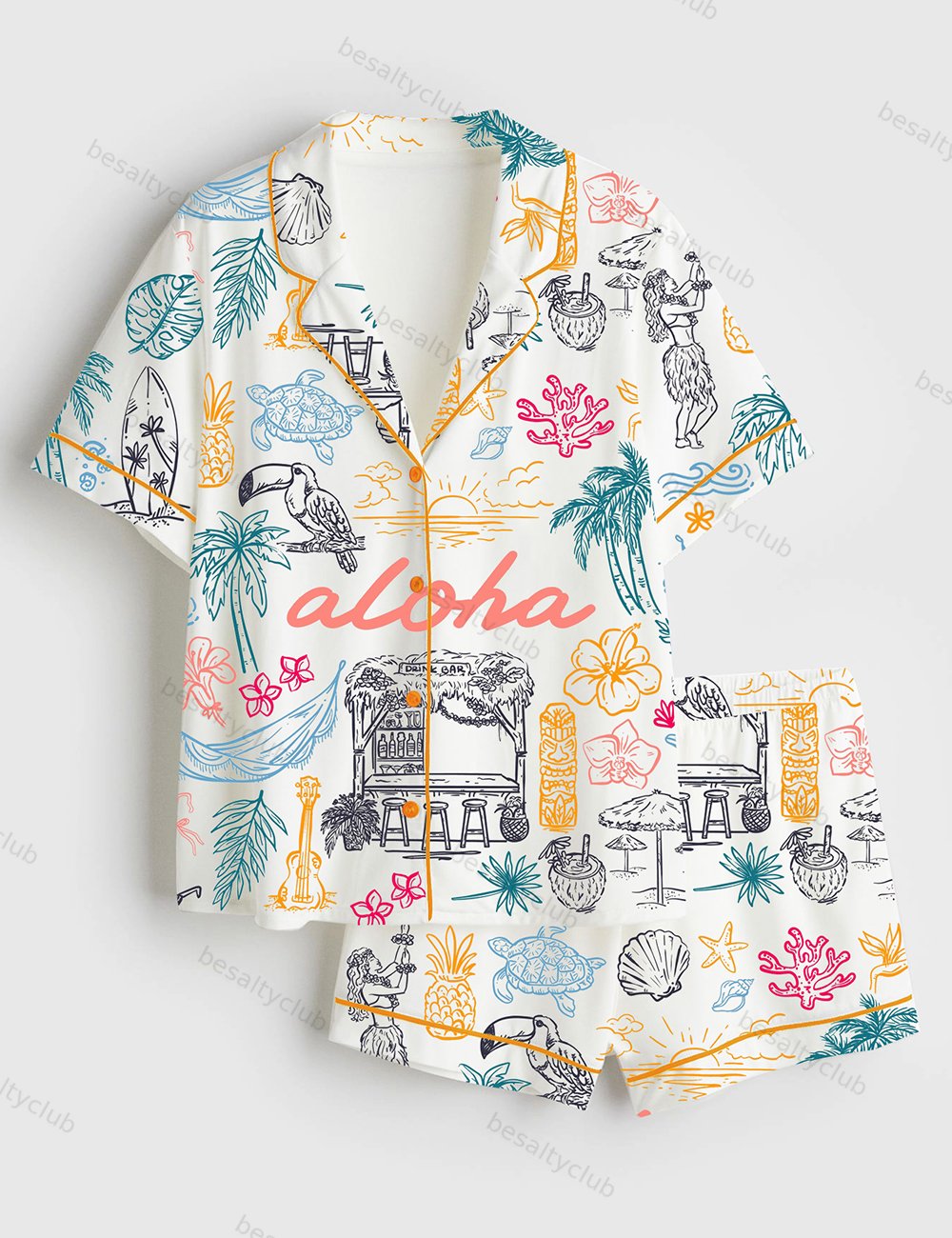 Aloha Tropical Exotic Hawaian Whimsical Style Seaside Ocean Aloha State Of Mind Short Sleeve Satin Pajama Set