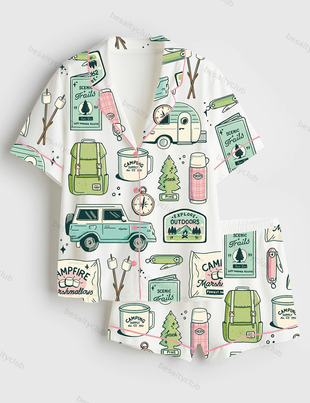 Outdoorsy Camping Supplies Short Sleeve Satin Pajama Set