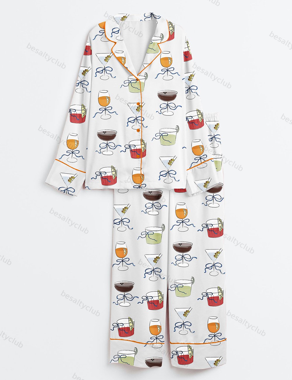 Cocktail Glass With Bow Hand Drawn Whimsical Dirty Martini Spritz Negroni Margarita Icon Clip Art Long Sleeve Satin Pajama Set