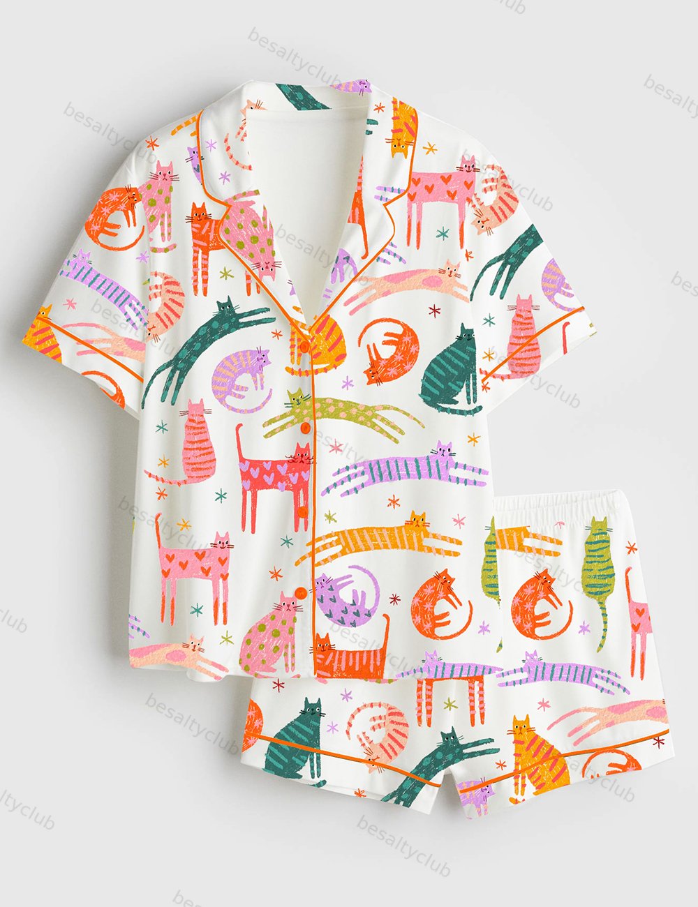 Cute Cat Short Sleeve Satin Pajama Set