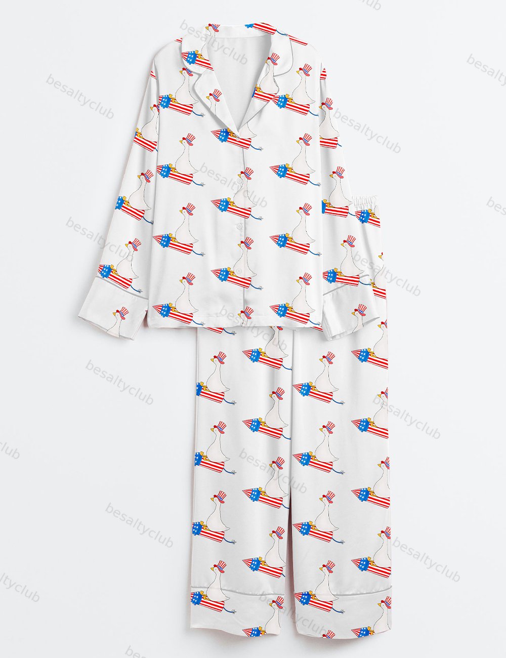 Funny 4th Of July Funny Goose Independence Day USA Patriotic Firequacker Print Long Sleeve Satin Pajama Set