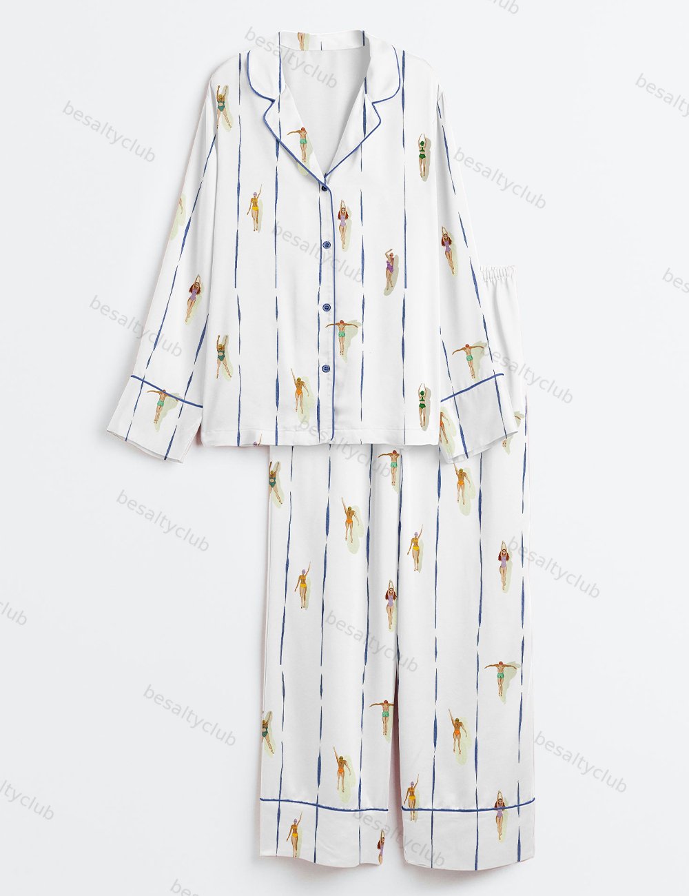 People Swimming In Pool Summer Minimalist Tiny Swimmers Print Long Sleeve Satin Pajama Set