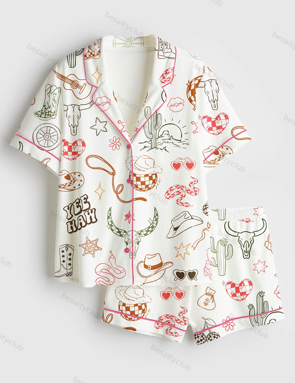 Western Cowgirl Bachelorette Hand-Drawn Wild West Disco Print Short Sleeve Satin Pajama Set