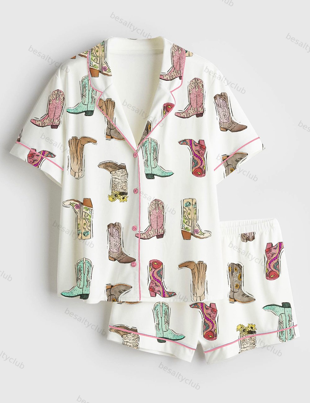 Retro Western Boots Cowgirl Print Short Sleeve Satin Pajama Set