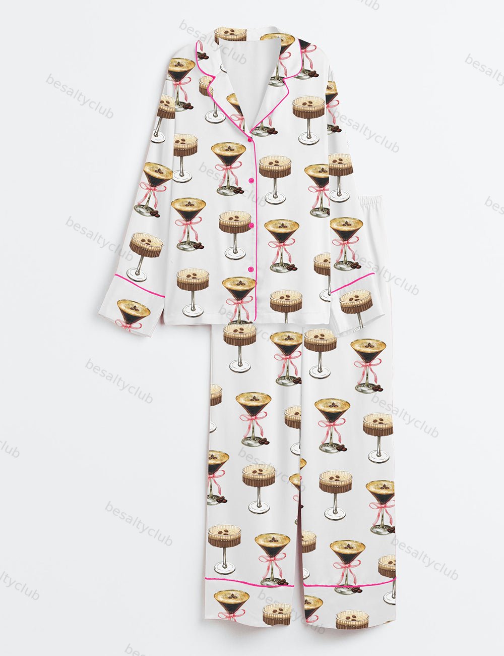 Espresso Martini Pink Bow Satin Pajama Set