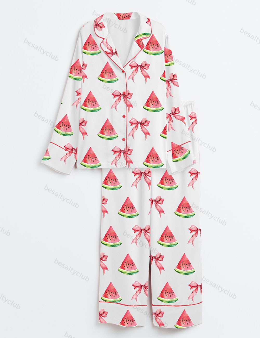 Coquette Watermelon Trendy Summer Beach Babe Long Sleeve Satin Pajama Set
