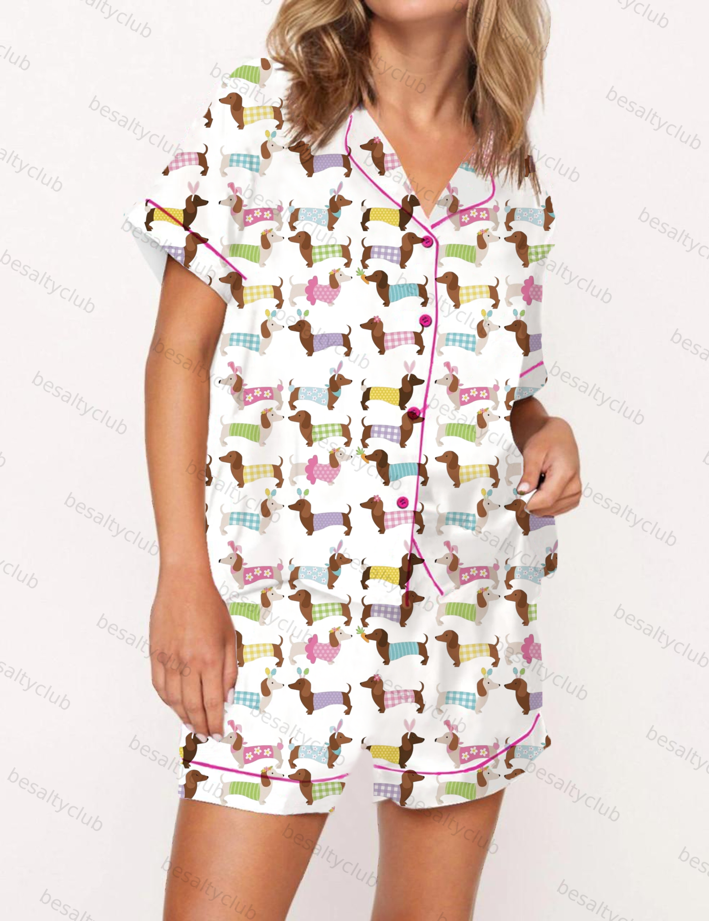 Playful Colorful Cartoon Dachshund Pattern Satin Pajama Short Set