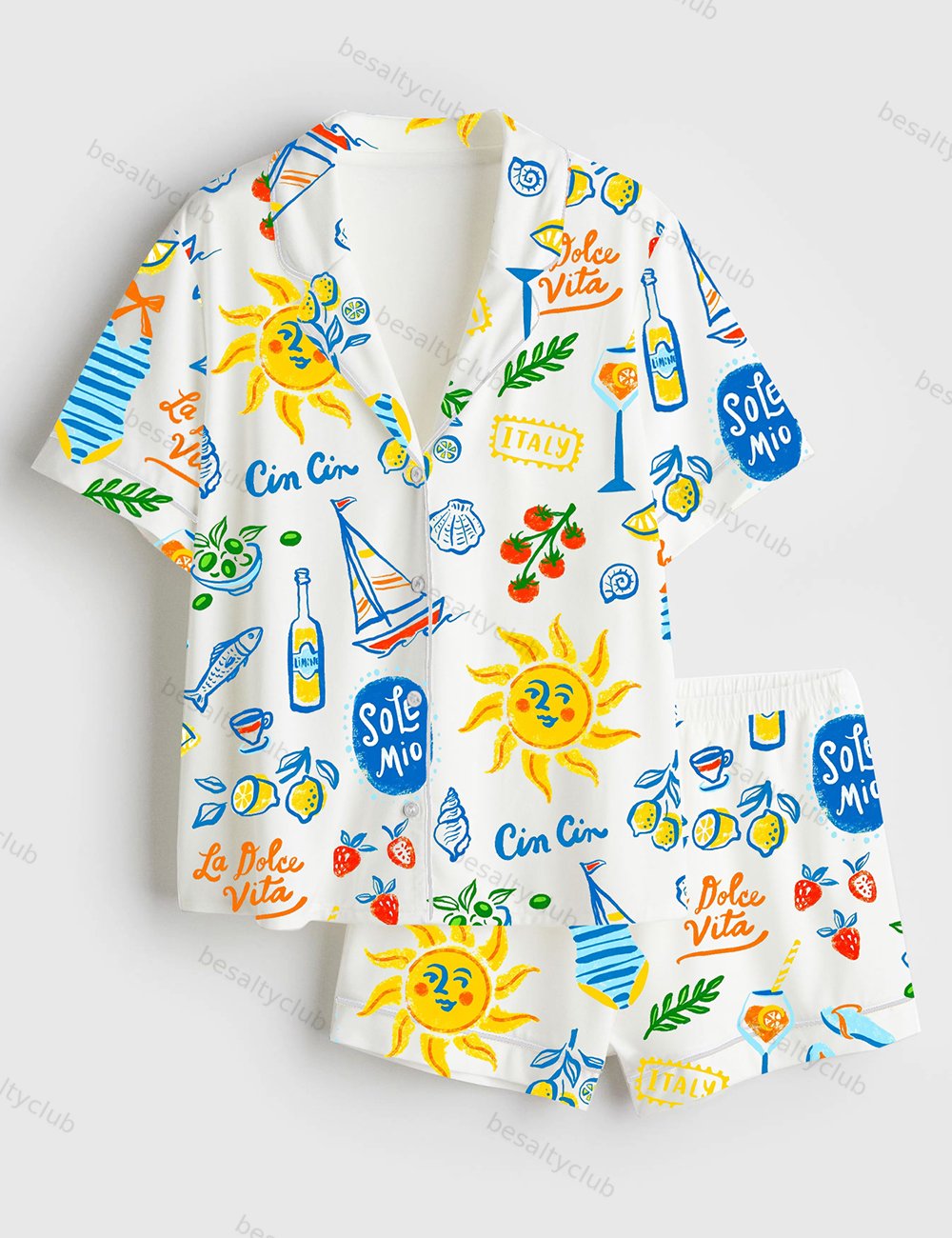 Italian Summer Vacation Seaside Journeys Short Sleeve Satin Pajama Set