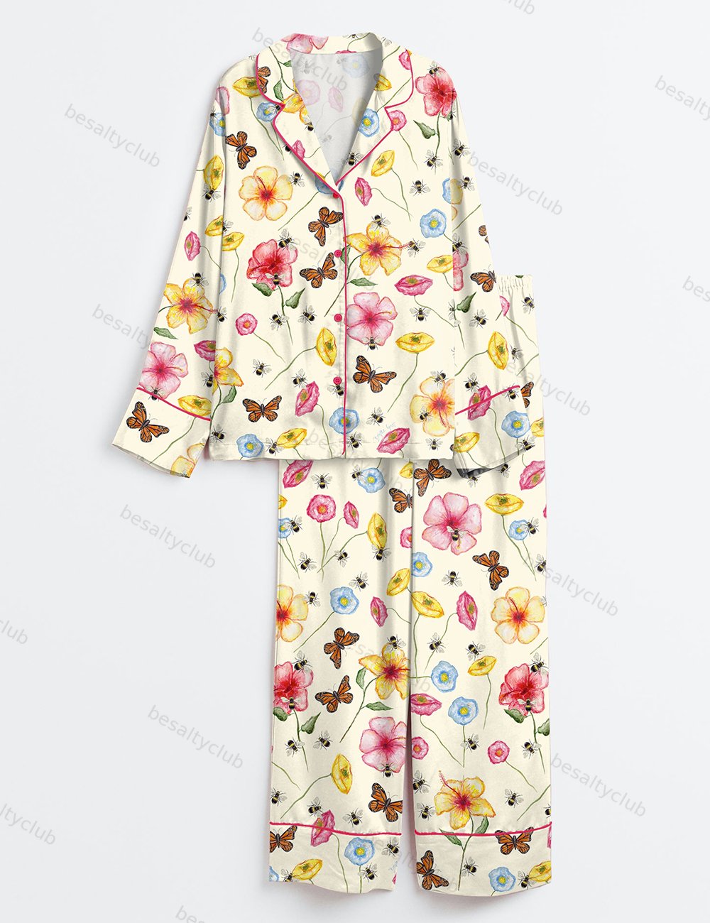 The Butterflies And Bees Long Sleeve Satin Pajama Set