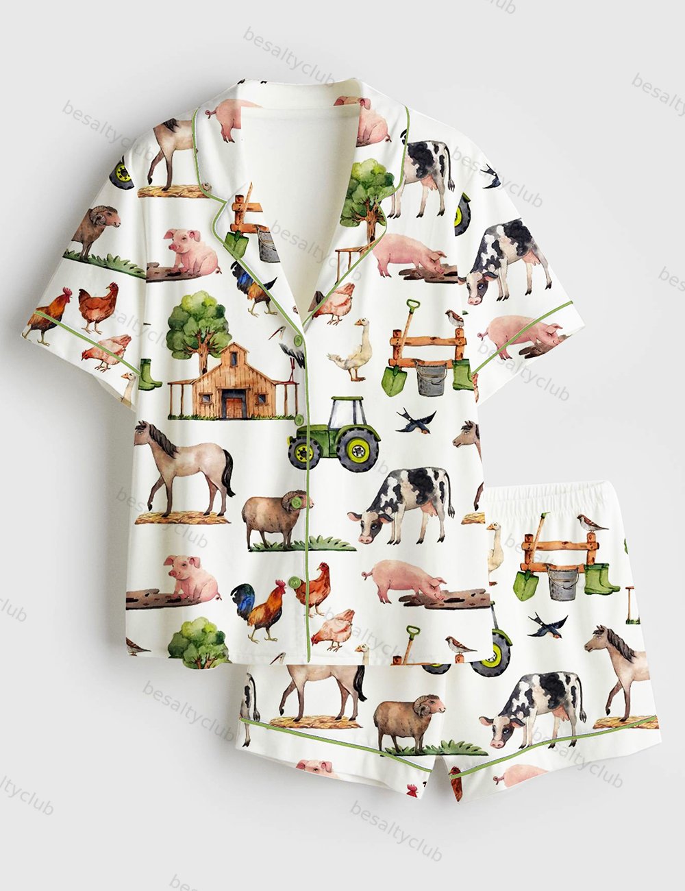 Watercolor Allover Farm Animals Short Sleeve Satin Pajama Set