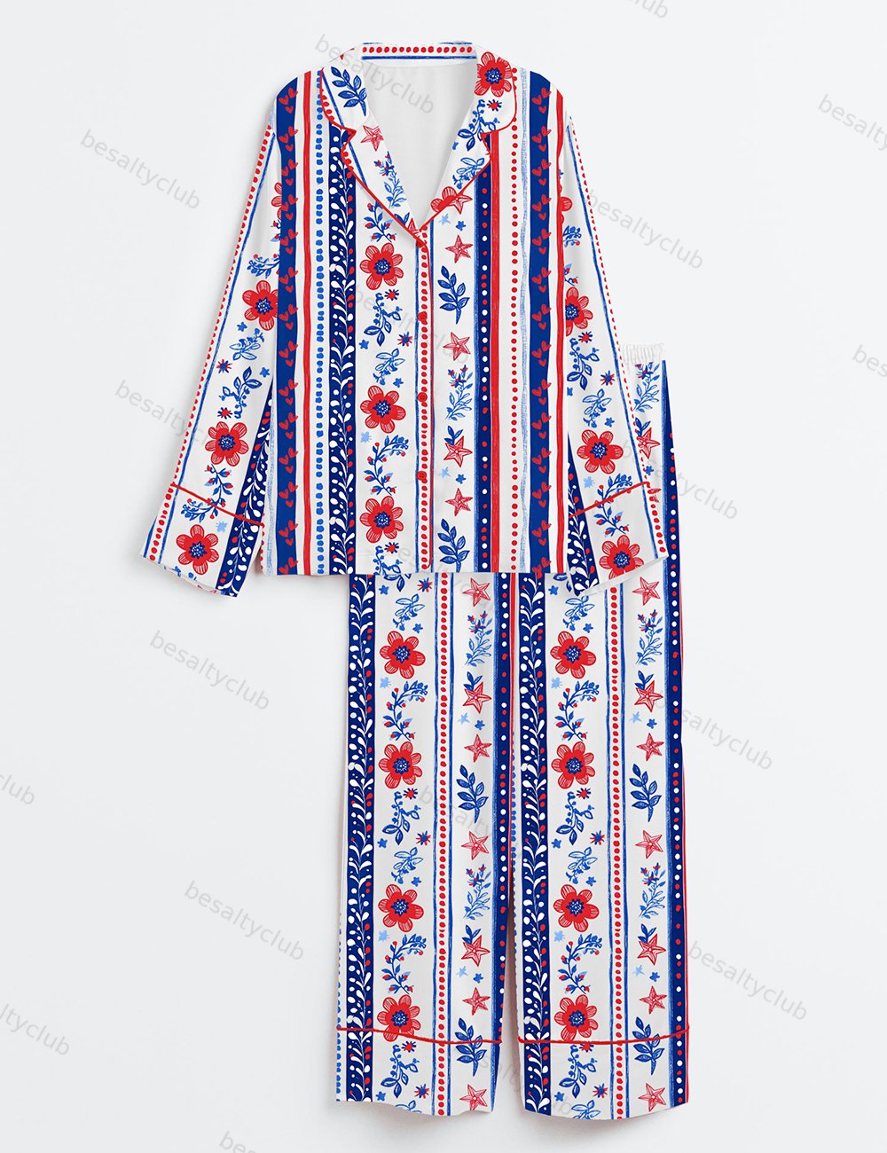 Red White Blue Stripes Floral 4th Of July Seamless Pattern USA Long Sleeve Satin Pajama Set