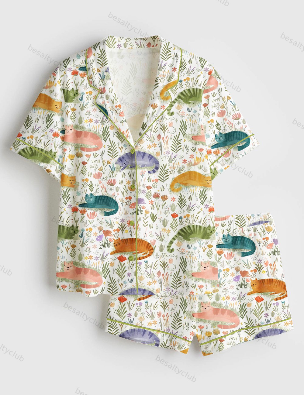 Cat Flower Cat Lover Short Sleeve Satin Pajama Set