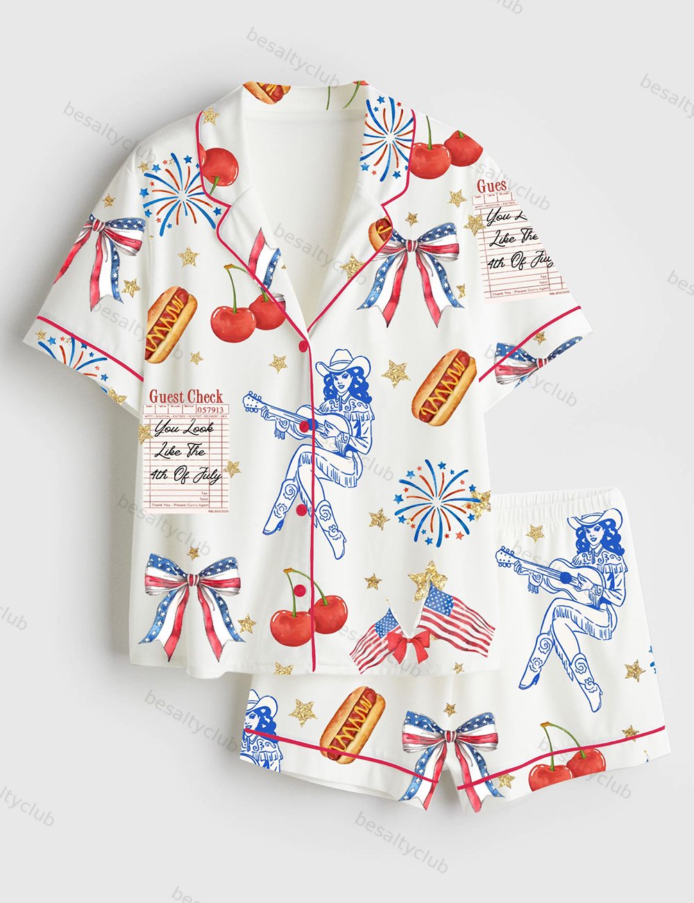 Coquette 4th Of July American Cowgirl Coquette Cowgirl Patriotic Western Short Sleeve Satin Pajama Set