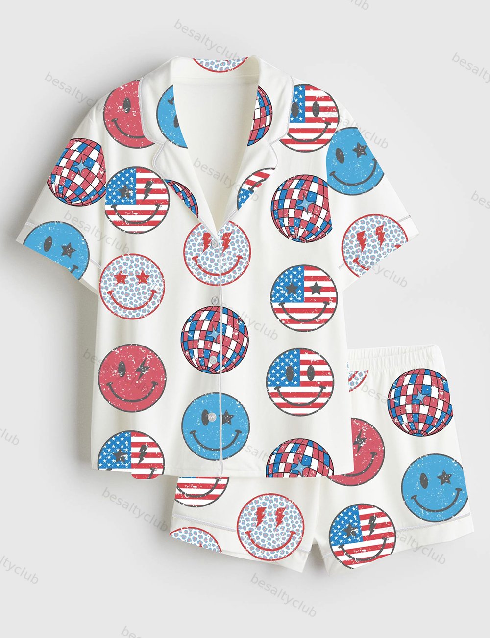 Patriotic Stars Stripes USA Flag 4th Of July American Flag Independence Day Red White Blue Smile Face Short Sleeve Satin Pajama Set