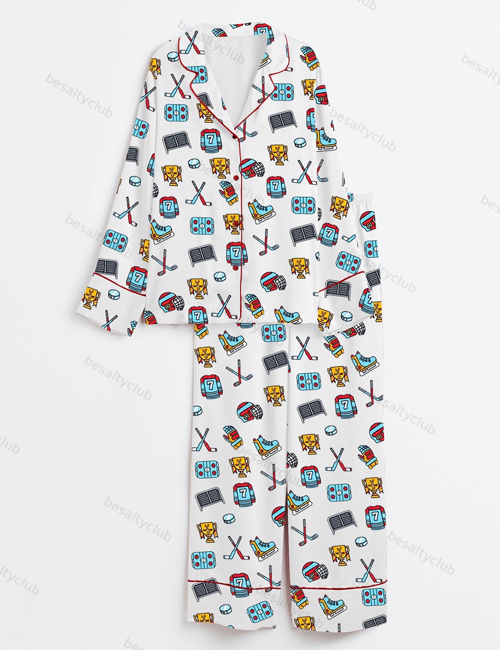 Hockey Mom Watercolor Ice Hockey Long Sleeve Satin Pajama Set